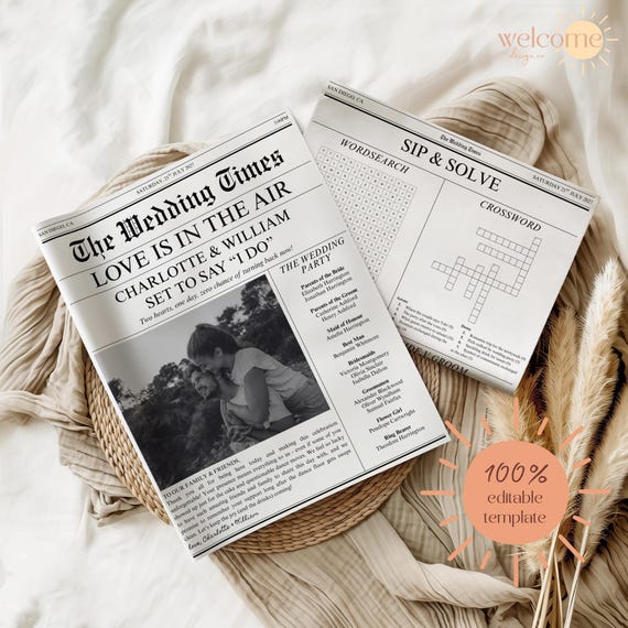 Customisable Wedding Newspaper Printable Editable Template | Folded Wedding Day Program & Crossword