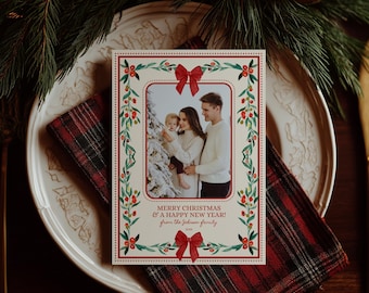 Plantilla de tarjeta fotográfica navideña botánica: Imagen familiar con lazo rojo (Descarga digital imprimible)