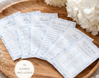 Something Blue Bridal Shower Games Bundle, Elegant Floral Toile Bachelorette Activities Template, Dusty Blue Chinoiserie Hen Do Game Pack M5