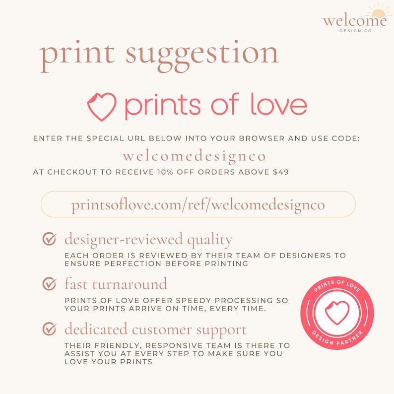 May include: A promotional graphic with the text "print suggestion" and "prints of love." It includes a website URL and a discount code. The image highlights designer-reviewed quality, fast turnaround, and dedicated customer support.