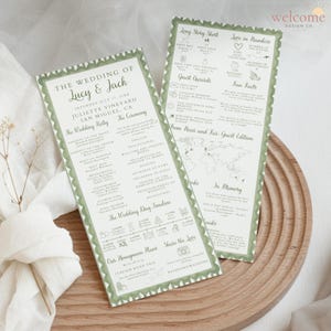 Può includere: Due programmi di nozze con un design verde e bianco. I programmi includono i dettagli del matrimonio, la cronologia e una mappa del mondo. Il testo sui programmi recita "The Wedding of Lucy & Jack" e "Welcome Design Co."