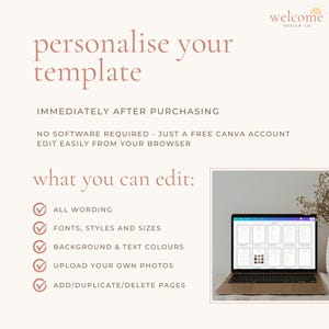 Op de afbeelding: Een instructieafbeelding voor een digitaal sjabloon met de tekst: personalise your template, immediately after purchasing, no software required - just a free canva account edit easily from your browser, what you can edit: all wording, fonts, styles and sizes, background & text colours, upload your own photos, add/duplicate/delete pages. Een laptop toont het sjabloon.