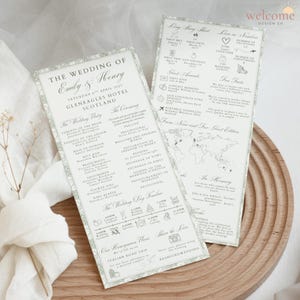 Könnte beinhalten: Zwei Hochzeitskarten mit Text, mit den Namen "Emily & Henry" und Hochzeitsdetails. Die Karten haben einen hellgrünen floralen Rand und enthalten eine Zeitleiste, Gästeinformationen und eine Weltkarte. Die Karten liegen auf einem Holztablett.