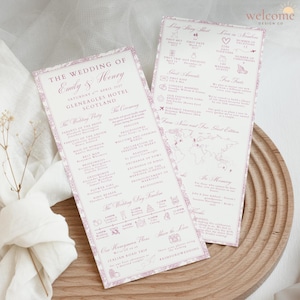 May include: Two wedding programs with a floral design and text in pink. The programs list the wedding details, including the names of the couple, the date, and the location. One program includes a world map.