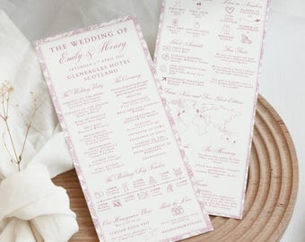 Wedding Day Details Infographic, Blush Pink Chinoiserie Floral Toile Ceremony Program, Elegant Dusty Rose Reception Schedule Template, M9