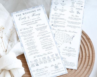 Dusty Blue Chinoiserie Wedding Day Details Infographic, Floral Regency Bridal Shower Program, Elegant Coastal Something Blue Template, M5