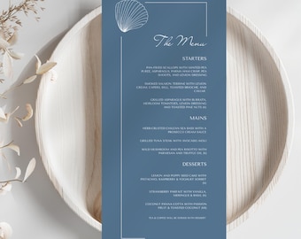 Coastal Dusty Blue Wedding Menu Template, Elegant Seashell Beach Wedding Breakfast Bridal Shower Food & Drink Editable Printable Card, M1