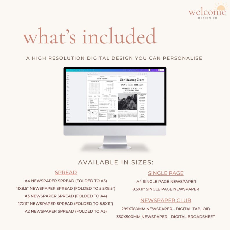May include: A computer monitor displays a digital newspaper design with the headline "The Wedding Times." Text on the screen reads "Love is in the Air." The image includes text: "what's included" and "Available in Sizes:" with various newspaper sizes.