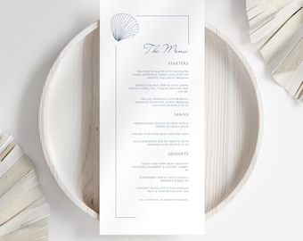 Coastal Wedding Menu Card, Elegant Dusty Blue Seashell Menu Template, Editable Wedding Breakfast Bridal Shower Food & Drinks Card, M1