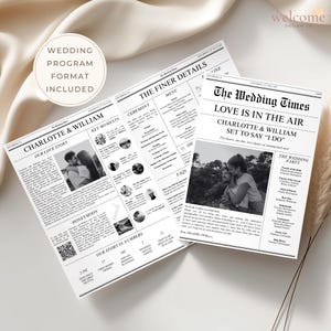 May include: Two wedding program newspapers with the headline "The Wedding Times" and the names "Charlotte & William." The newspapers feature photos, articles, and wedding details. The text "Love is in the Air" is displayed prominently.