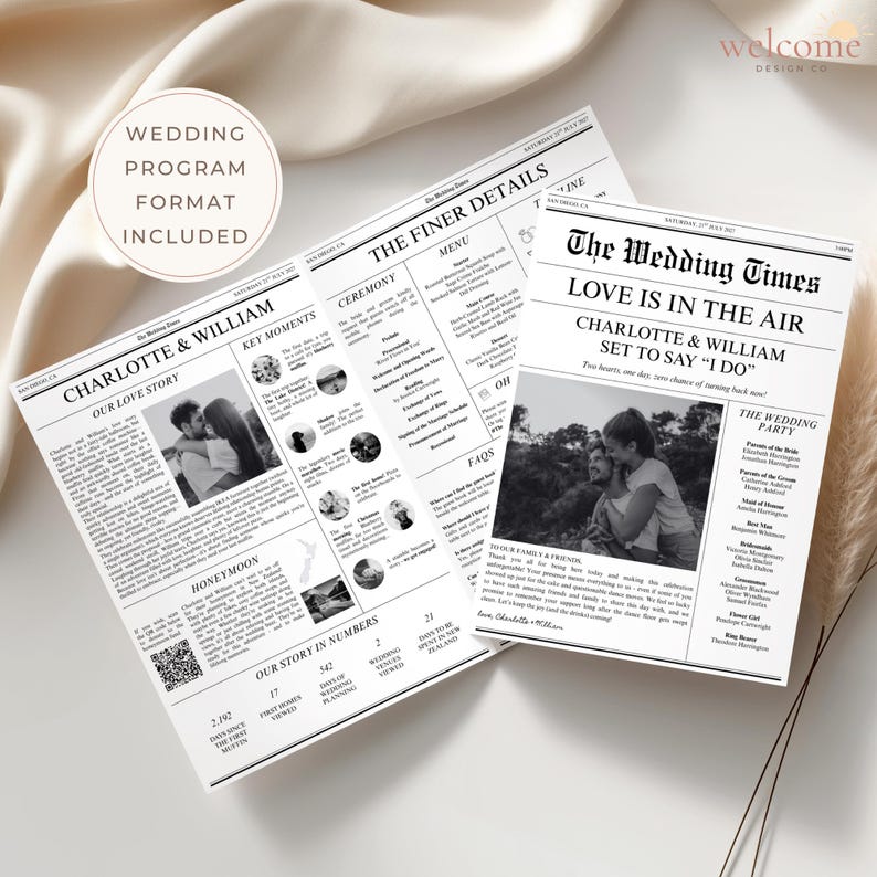 May include: Two wedding program newspapers with the headline "The Wedding Times" and the names "Charlotte & William." The newspapers feature photos, articles, and wedding details. The text "Love is in the Air" is displayed prominently.