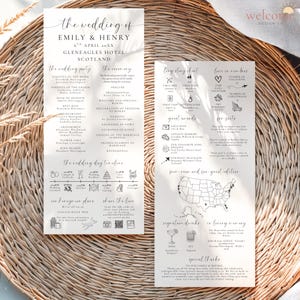 Könnte beinhalten: Zwei weiße Hochzeitskarten mit schwarzem Text und Strichzeichnungen. Die linke Karte beschreibt die Hochzeit von Emily und Henry, einschließlich der Hochzeitsgesellschaft, Zeremonie und Zeitplan. Die rechte Karte zeigt Fakten und eine Landkarte.