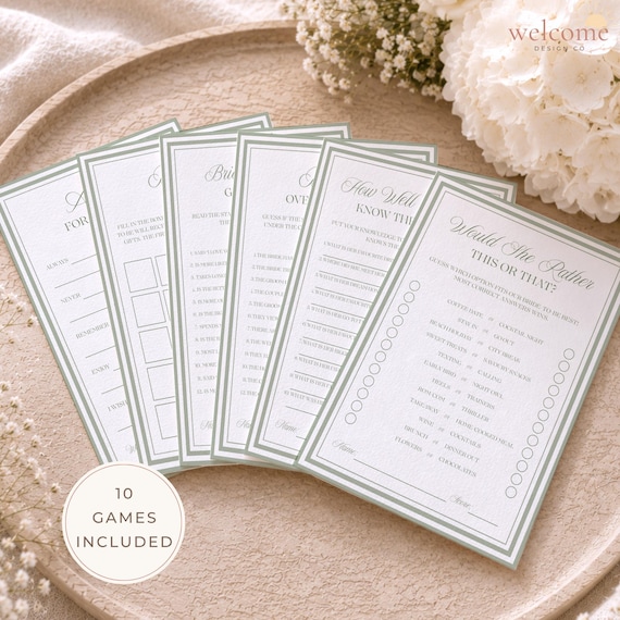 Sage Green Bridal Shower Games Bundle, Elegant Fresh off the Market Bachelorette Activities Template, Old Money Vintage Hen Do Game Pack M12