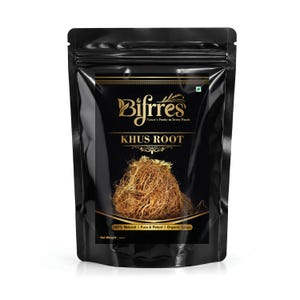 May include: A black stand-up pouch containing Khus root, featuring the brand name Bifrres in gold lettering, the text Khus Root, and the phrases Nature's Purity in Every Pinch, 100% Natural | Pure & Potent | Organic Spices, and Net Weight.