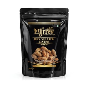 May include: A black stand-up pouch containing dry yellow dates. The label features the brand name Bifrres, the text DRY YELLOW DATES, and the tagline Nature's Purity in Every Pinch. Below, it states 100% Natural | Pure & Potent | Organic Spices.