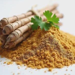 May include: A bundle of turmeric roots tied with string, next to a mound of vibrant yellow turmeric powder. A green leaf is placed on the powder. The background is white.
