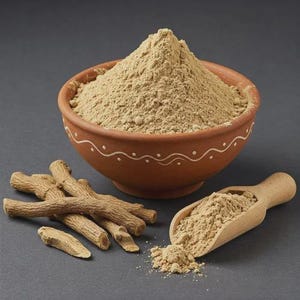 May include: A terracotta bowl filled with light brown powder, a wooden scoop with powder, and several pieces of dried root. The bowl has a white wavy pattern around the rim. The items are on a dark grey surface.