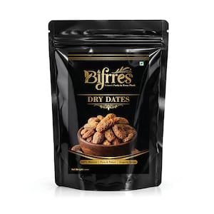 May include: A black stand-up pouch containing dry dates. The label features the brand name Bifrres, the text DRY DATES, and the slogan Nature's Purity in Every Pinch. A wooden bowl filled with brown dry dates is depicted in the centre of the packaging.