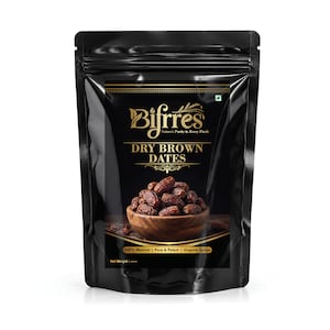 May include: A black stand-up pouch containing dry brown dates. The label features the brand name Bifrres, the text DRY BROWN DATES, and the phrase 100% Natural | Pure & Potent | Organic Spices. A wooden bowl filled with dates is depicted on the front.
