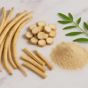 May include: An overhead shot shows a selection of plant-based items. Long, pale roots, sliced sections, and a pile of powder are visible. A green leafy sprig is also included, all arranged on a white surface.