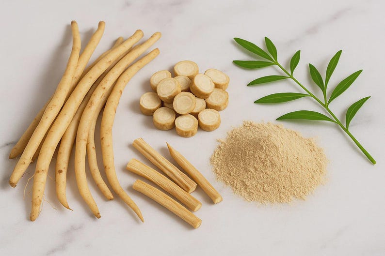 May include: An overhead shot shows a selection of plant-based items. Long, pale roots, sliced sections, and a pile of powder are visible. A green leafy sprig is also included, all arranged on a white surface.