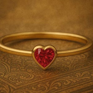 May include: A gold ring with a heart-shaped, faceted red gemstone. The ring is set on a gold band and rests on a brown, patterned surface. The gemstone is a vibrant red color.