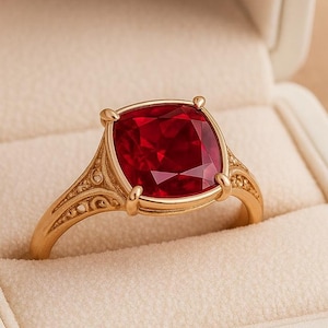 May include: A gold ring with a large, square-cut, red gemstone. The ring is set in a decorative gold band and is presented in a white ring box with a soft, cream-colored interior. The ring's design features intricate detailing.