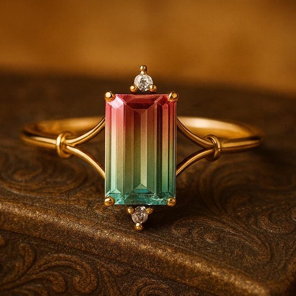 Emerald Cut Watermelon Tourmaline Ring, Unique Gemstone Promise Ring for Women