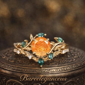 Conjunto de anillos de compromiso de piedra solar inspirados en la naturaleza, conjunto nupcial de ramas estilo art déco, regalo de promesa con gema naranja para mujer.