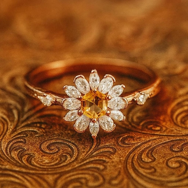 Floral Citrine Ring, Rose Gold Gemstone Ring, November Birthstone
