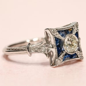 Old European Diamond Vintage Inspire Ring, Antique Edwardian Art Deco Ring, Engagement Proposal Ring, Sapphire Victorian Ring, Gift For Mom