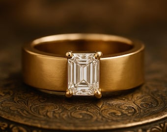 1.80CT Emerald Cut Moissanite Engagement Ring, Wide Thick Cigar Band
