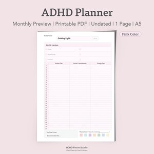 Monthly Planner Intentions & Action Plan Printable, ADHD Undated A5 Insert, Energy Plan Layout, Top Goal Focus for Women, Stop Overwhelm.