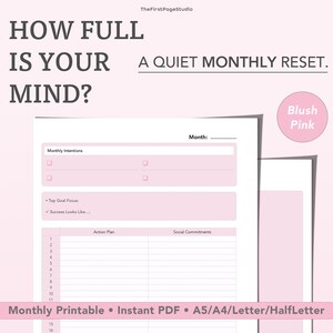 Quiet Monthly Planner | ADHD Friendly Energy Audit | Minimalist Pink | A5 A4 Letter | Instant PDF