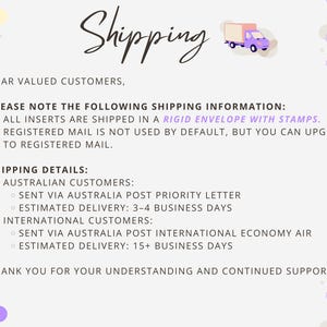 May include: A light beige graphic with the word "Shipping" in a cursive font, accompanied by a small purple truck illustration. The text provides shipping details for Australian and international customers.