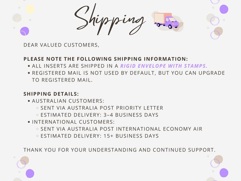 May include: A light beige graphic with the word "Shipping" in a cursive font, accompanied by a small purple truck illustration. The text provides shipping details for Australian and international customers.