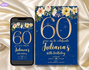 60th Birthday Invitation Blue & Gold Theme (Digital Download), Mobile Size Included, Edit In Canva