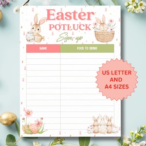 Könnte beinhalten: Ein weißes Ostern-Potluck-Anmeldeformular mit Hasenillustrationen und dem Text "Easter POTLUCK Sign-up". Das Anmeldeformular enthält Abschnitte für Name und mitzubringendes Essen, mit einem rosa und grünen Farbschema. Der Text "US LETTER AND A4 SIZES" ist ebenfalls enthalten.