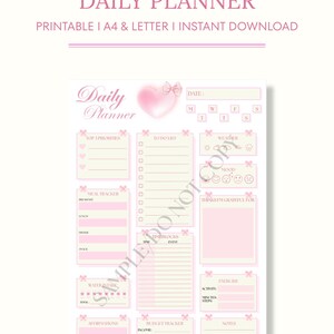 May include: A pink and white daily planner with a heart and bow design. The planner includes sections for top priorities, to-do lists, meal tracking, water intake, affirmations, budget tracking, and notes. The text "DAILY PLANNER" is at the top.