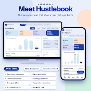 Puede incluir: Una interfaz digital para la aplicación de freelancers Hustlebook mostrada en un monitor de computadora y un teléfono inteligente. El panel muestra datos financieros, incluyendo ganancias, costos de transporte, impuestos y pago neto.