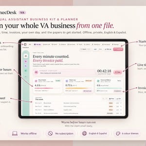 May include: A digital tablet displaying the ExecDesk virtual assistant business kit and planner interface. The screen shows client management, retainer hour tracking, a live timer, and timesheet features with text in English and Spanish.