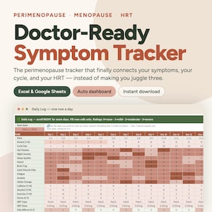 May include: A digital symptom tracker spreadsheet for perimenopause, menopause, and HRT. The interface features a daily log with rows for symptoms like hot flashes, mood, and HRT dosage, using a colour-coded grid system for tracking data over time.