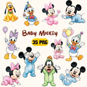 Baby Mickey Watercolor Clipart PNG, Mouse Friends, Mickey Baby, Minnie Mouse, Donald Daisy Duck, Pluto, Goofy, Mickey Birthday Party Theme