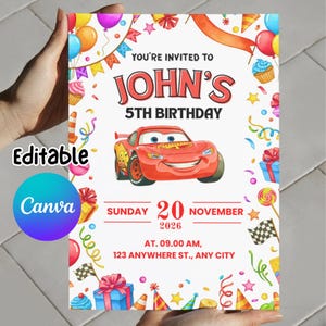 Cars Birthday Party Invitation, Lightning Mcqueen Birthday Invitation, Cars Party Invite, Canva Editable, Watercolor Cars Lightning McQueen