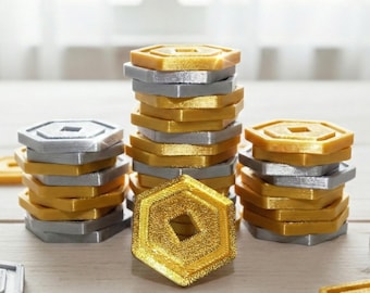 Shiny Roblox Inspired 3D Printed Game Coins - Robux, Party Favors, Gamer Loot, Cake Decoration