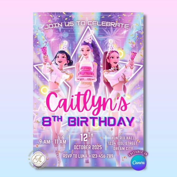 Kpop Demon Hunters Birthday Invitation, Editable Canva Template, Huntrix Invite, K-pop Invites Digital Download
