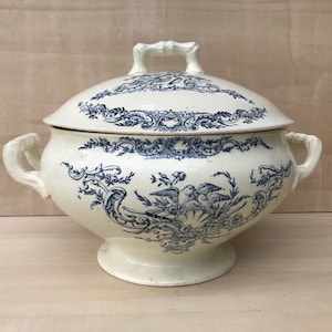 French 1800's Antique Ironstone Tureen Bowl With Lid, Birds, Swallows, Terre de fer, Ironstone bowl, French Brocante   5857