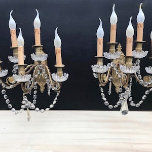 Pair of 1800&#39;s VERY LARGE French Antique Wall Sconces, Wall Lights with Hanging Glass droplets, French Brocante   5902