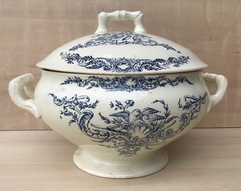 French 1800&#39;s Antique Ironstone Tureen Bowl With Lid, Birds, Swallows, Terre de fer, Ironstone bowl, French Brocante   5857