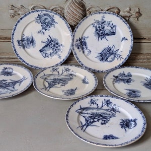 Juego antiguo de cinco platos de postre o de acompañamiento en loza francesa, de Théophile Fenal en Badonviller, siglo XIX, Brocante francés 6236